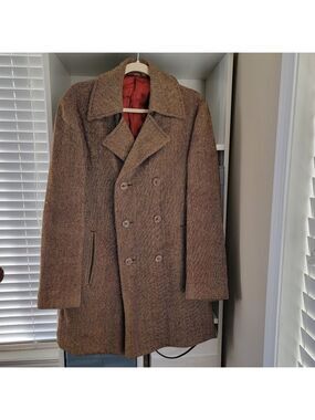 Vintage Herringbone Wool Coat Double Breasted #2874